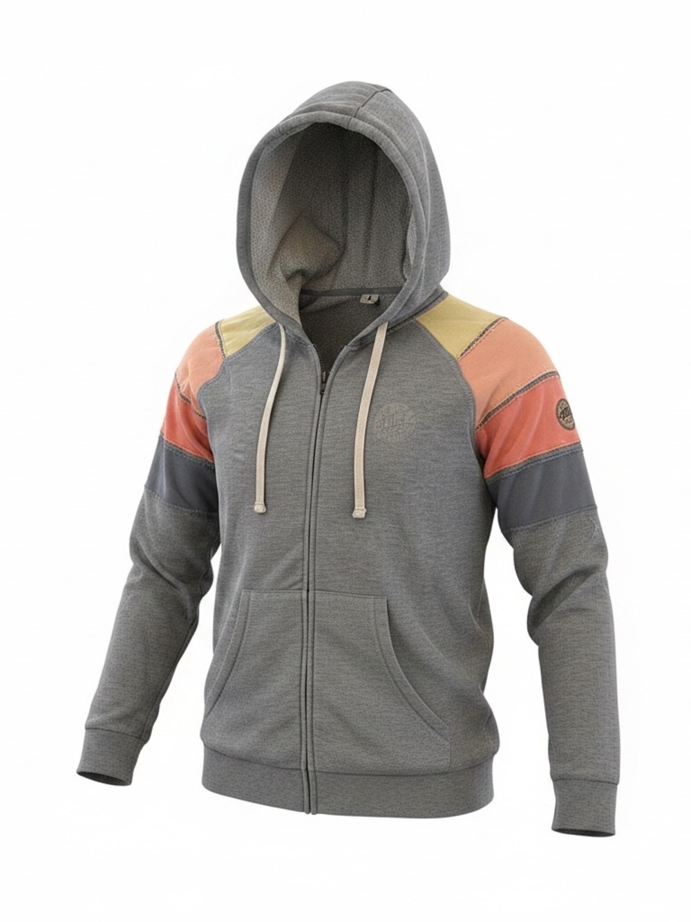 Rip Curl Gray Zip Hoodie with Yellow & Coral Shoulder Panels